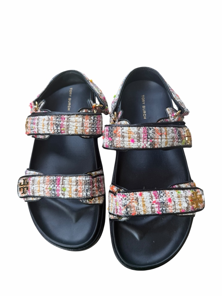 Tory Burch Multicolor Tweed And Leather Logo Kira Sport Sandals 9.5 Black Multi